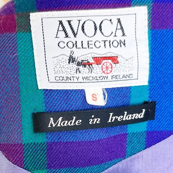 Vintage Avoca Made in Ireland Purple & Green Checked Wool Jacket Size S - Picture 10 of 11